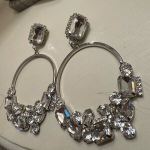 Crystal Hoop Drop Earrings - Silver Crystal Statement Jewelry
